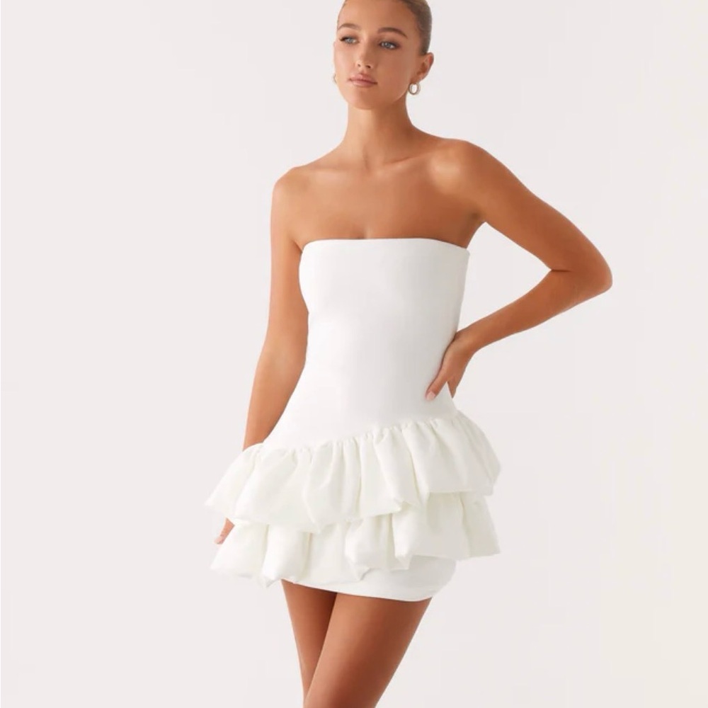 Peppermayo Marie White Strapless Ruffle Mini Dress